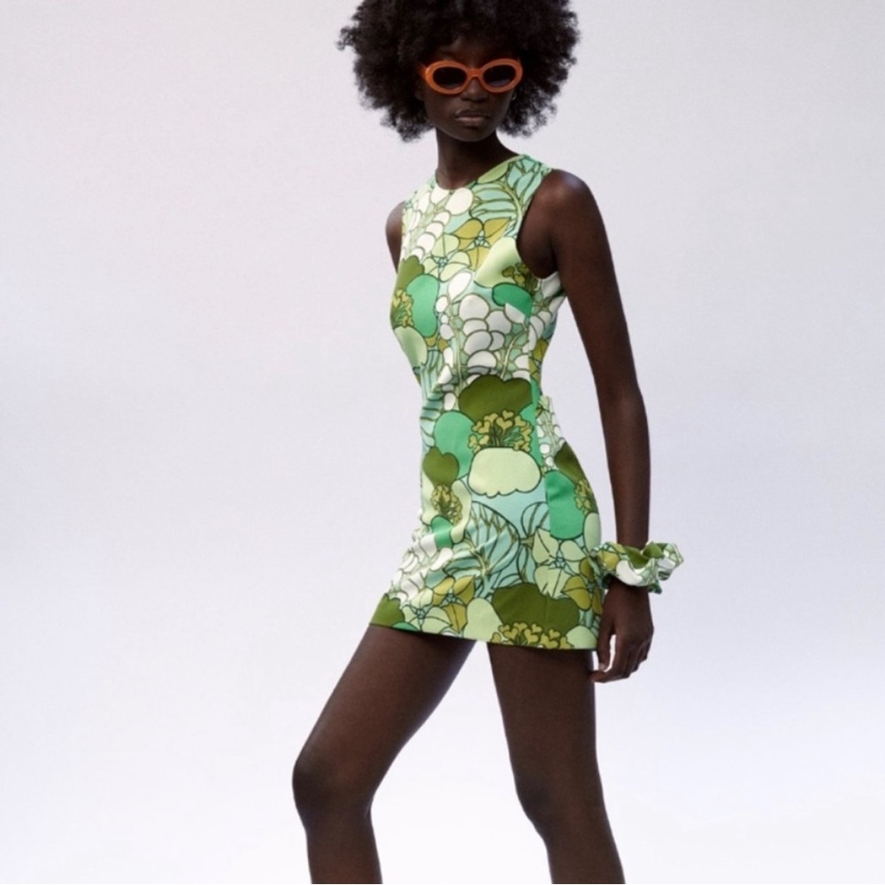 Zara retro print floral green mini dress